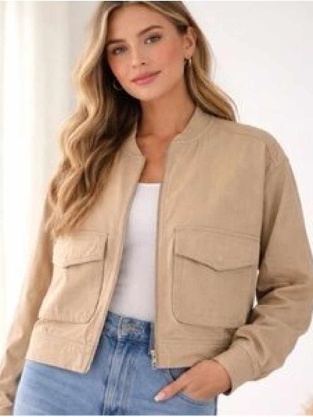 Women's Beige Utility Bomber Jacket with Front Flap Pockets